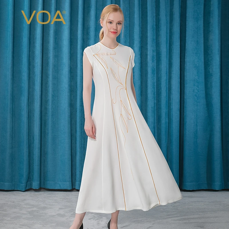 VOA vestido de fiesta de seda gruesa para mujer, elegante vestido blanco  con mangas, decoración de líneas brillantes, AE352, 30 Momme|Vestidos| -  AliExpress