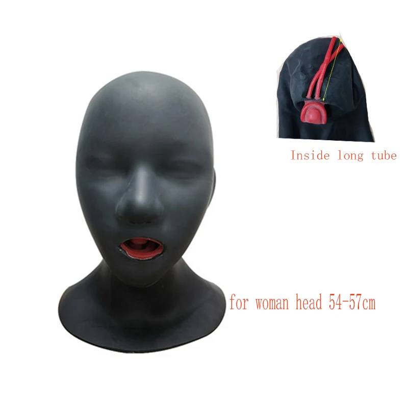 

0.6mm Seamless 3D Latex Hood Rubber Mask Closed Eyes Fetish with Red Mouth Gag Plug Nose Tube Back Zip for Women