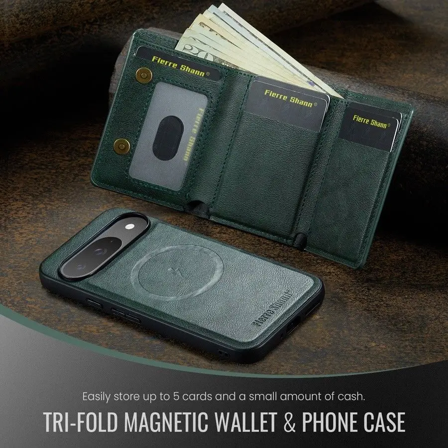 Magnetic Detachable Leather Wallet Phone Stand with Wireless Charging Capability