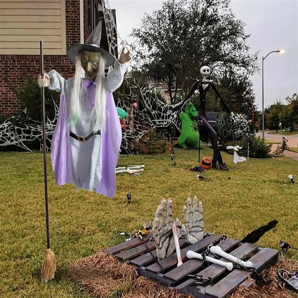 Halloween 180cm Flying Witch Decor Hovering Flying Witch Decorations with Scary Sound Halloween Props Horror Themed Scary Props