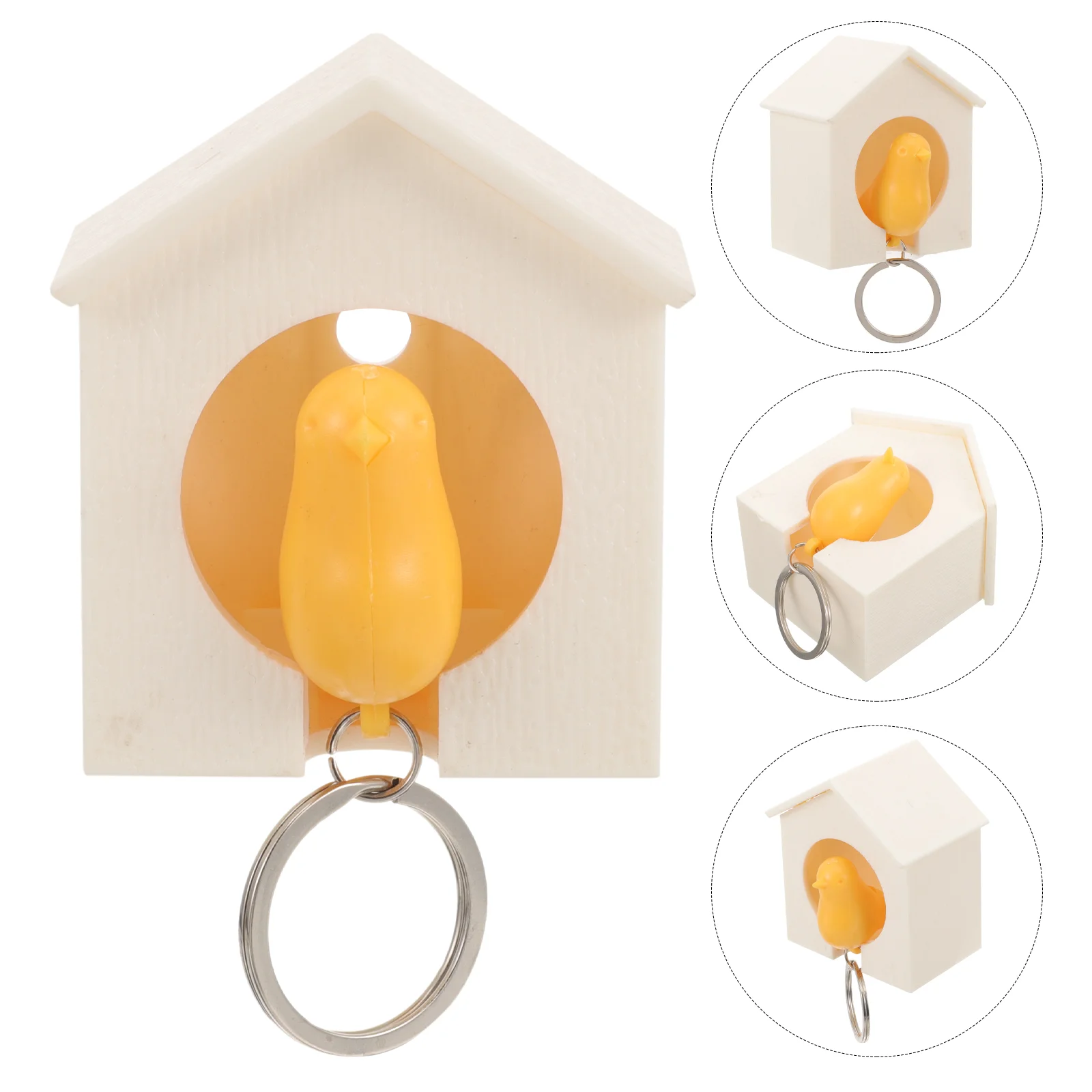 Birdhouse Key Ring - White House with Yellow Bird 3