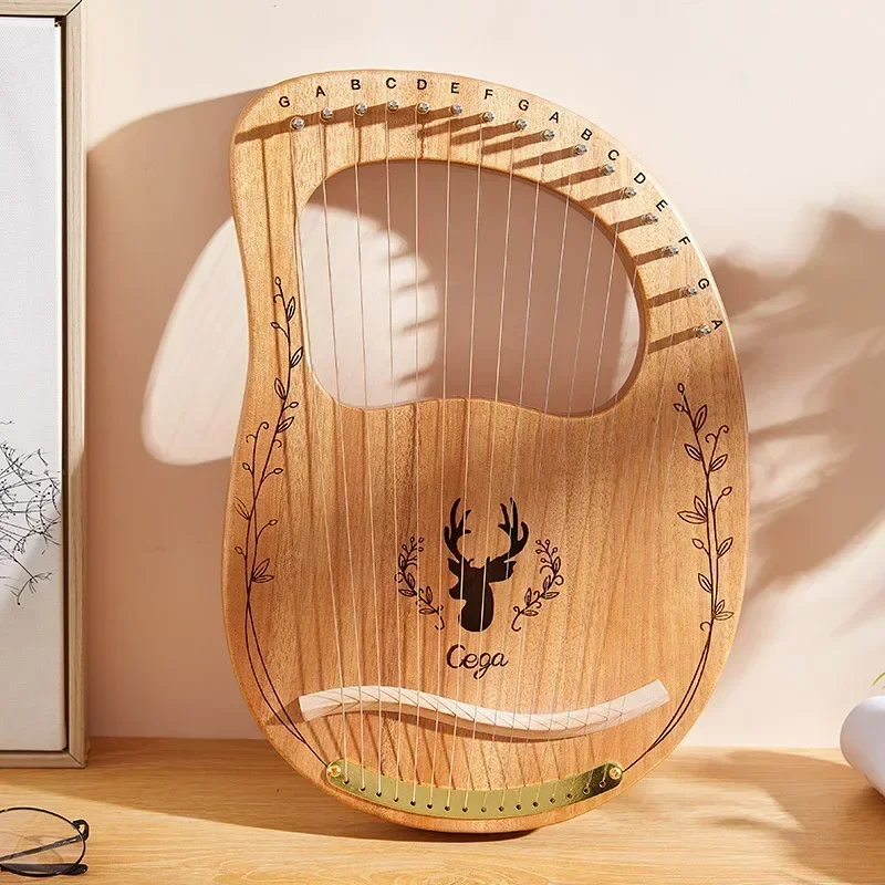 16-String Wooden Lyre Harp Round Shape Sound Hole Metal Harp Strings Solid Wood Strings Instrument