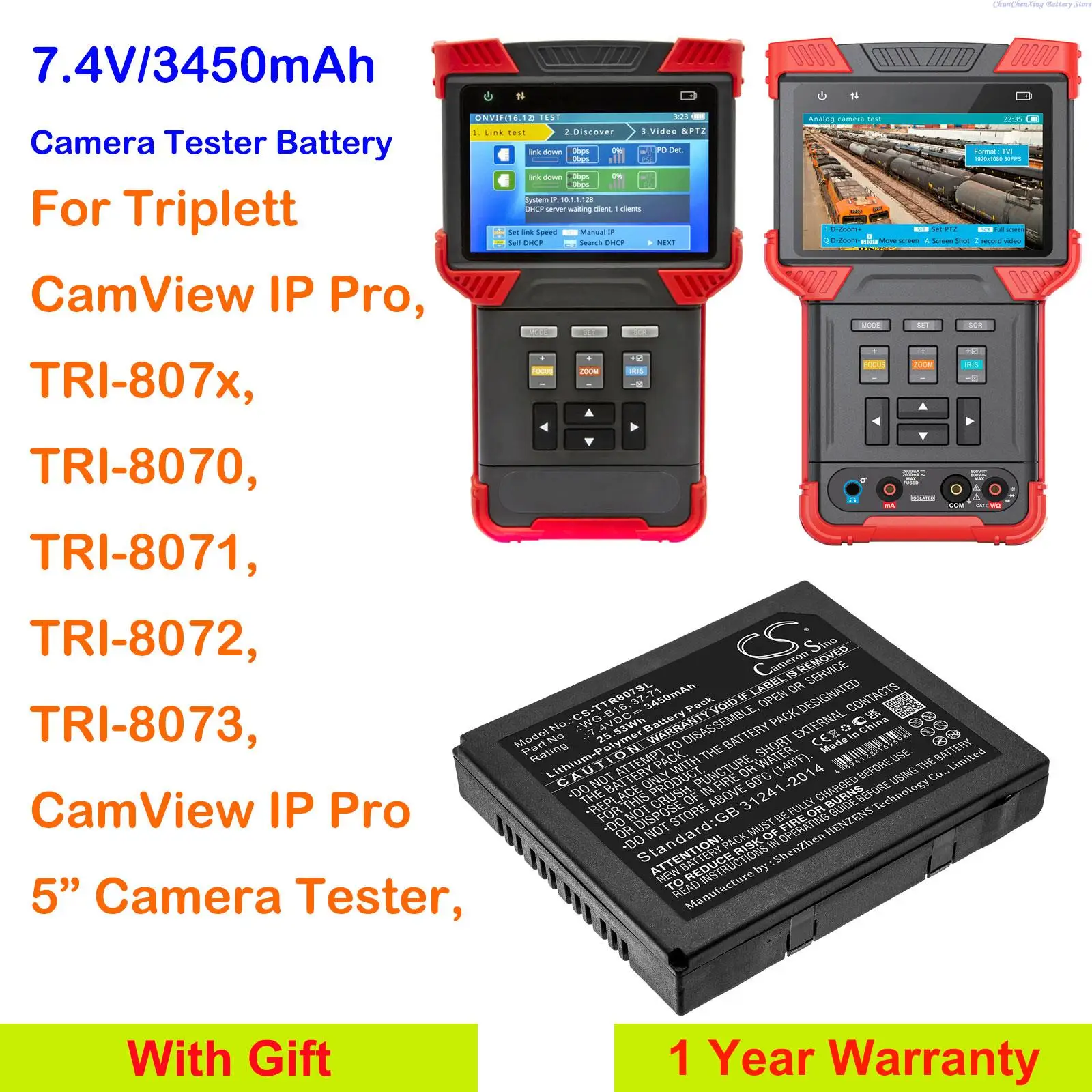 

3450mAh Camera Tester Battery WG-B16 for Triplett CamView IP Pro 5'', TRI-807x,TRI-8070, TRI-8071,TRI-8072,TRI-8073