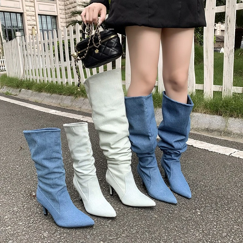 

Female Shoes on Sale 2023 Winter Sexy Pointed Ladies Knee High Boots Street Fashion Blue Denim Boot Botas Altas Plataforma Mujer