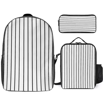 Black And White Stripe 6 Secure Cozy Field Pack 3 in 1 Set 17 Inch Backpack Lunch Bag Pen Bag  Schools Hot Sale