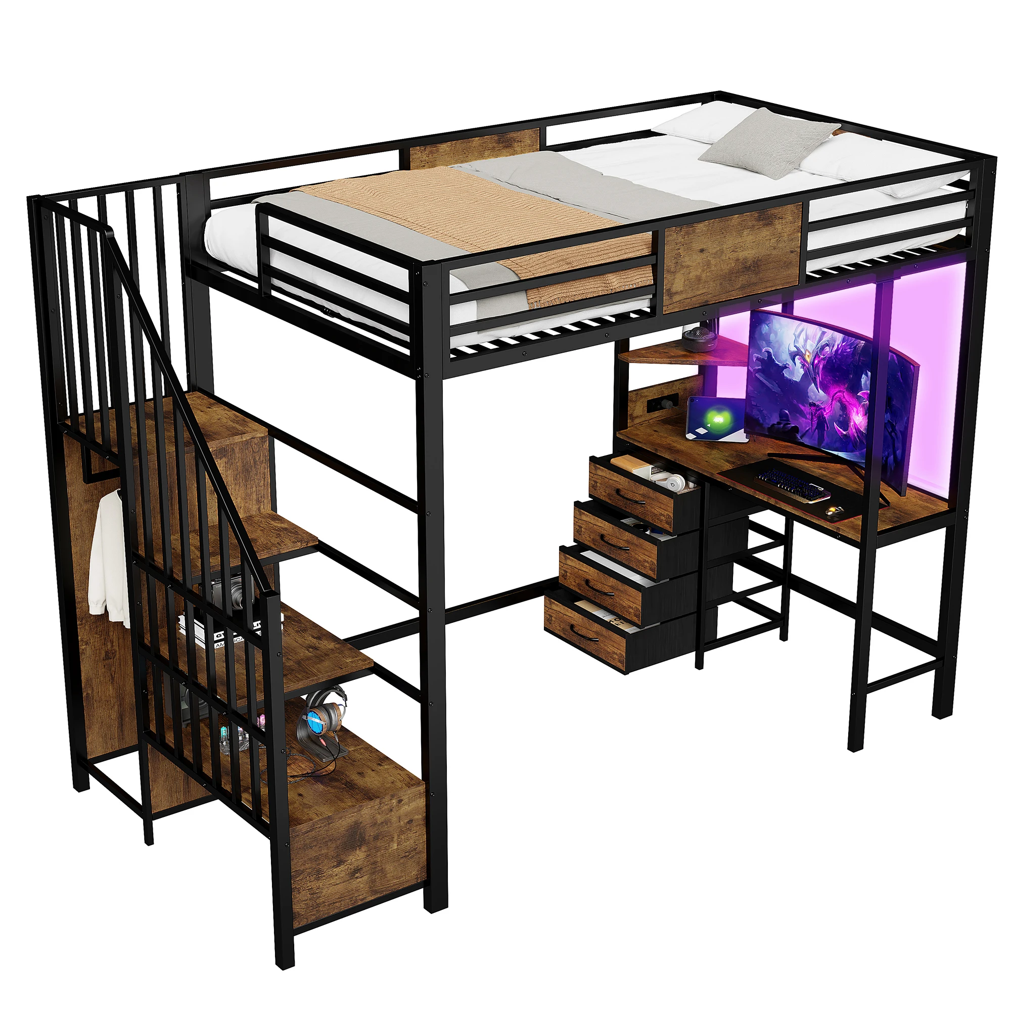 Metall-Etagenbett 90*200 mit Schreibtisch, Staufächern, Kleiderstange, LED-Beleuchtung und Steckdose. Multifunktionales Etagenbett – Detail 16