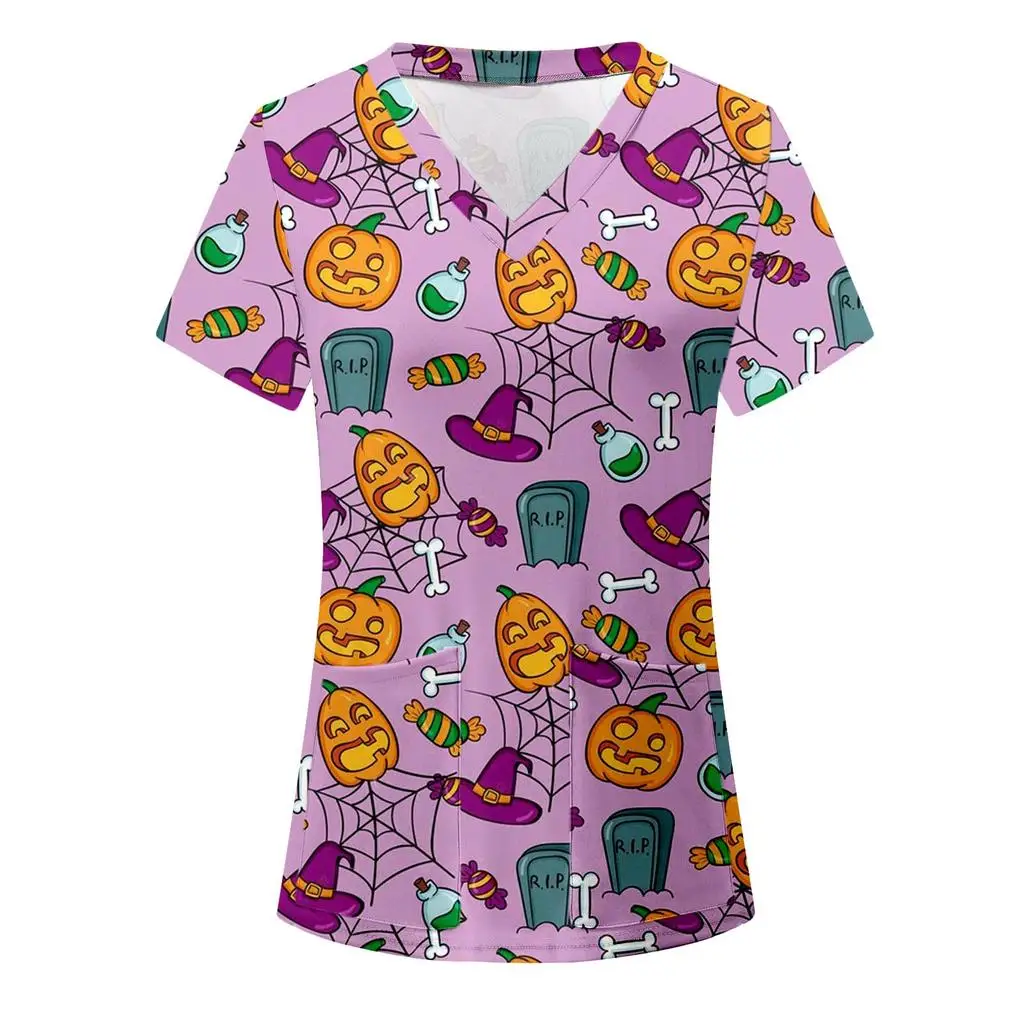 Chirurgische Uniform Frau Halloween Kürbis Cartoon Print Dental Scrubs Tops V-Ausschnitt Kurzarm mit Taschen T-Shirts Medizinische Kleidung – Detail 6
