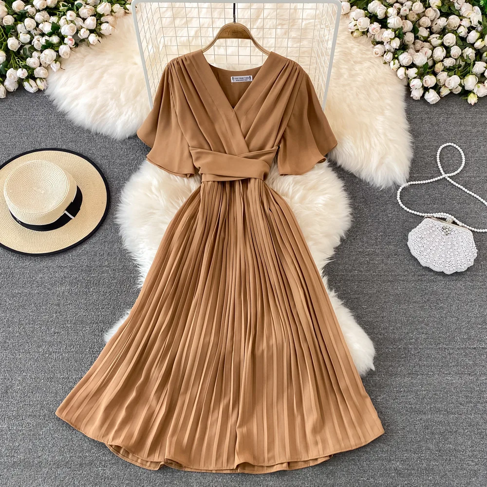 Women Elegant Pleated Dress Summer Short Sleeve V-neck Vintage Dresses Ladies A Line High Waisted Midi Dress