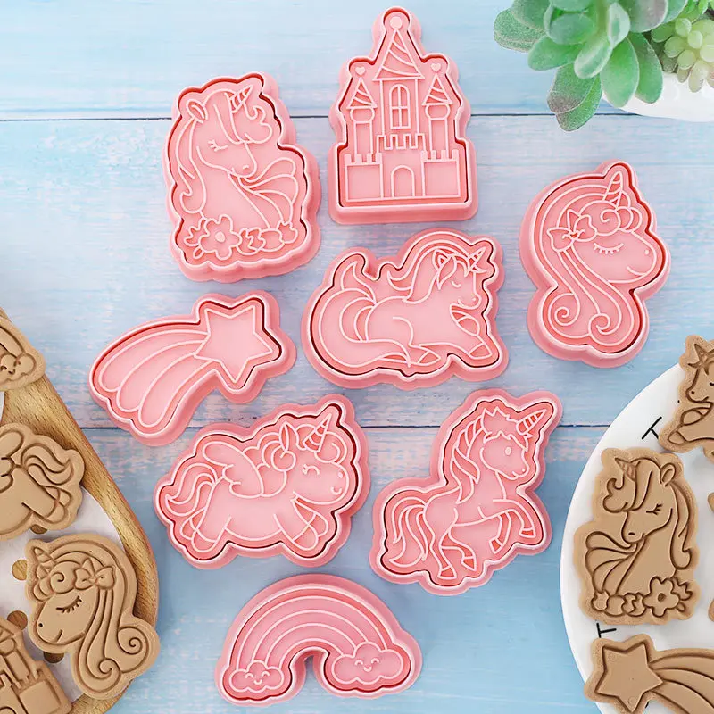 8Pcs/set Cartoon Unicorn Cookie Cutters Plastic 3D Biscuit Mold Stamp Kitchen Baking Pastry Bakeware Tool Kitchen Accessories