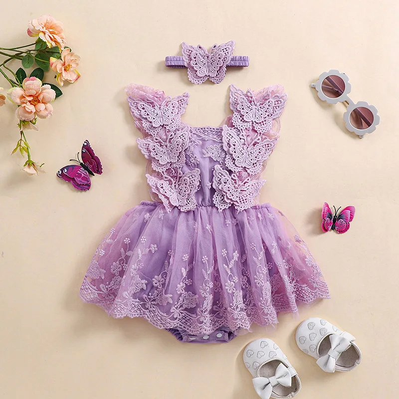 Infant Baby Girls Princess Rompers Dress Lace Butterfly Fly Sleeve Mesh Skirt Hem Jumpsuits with Headband Birthday Party Outfit 5