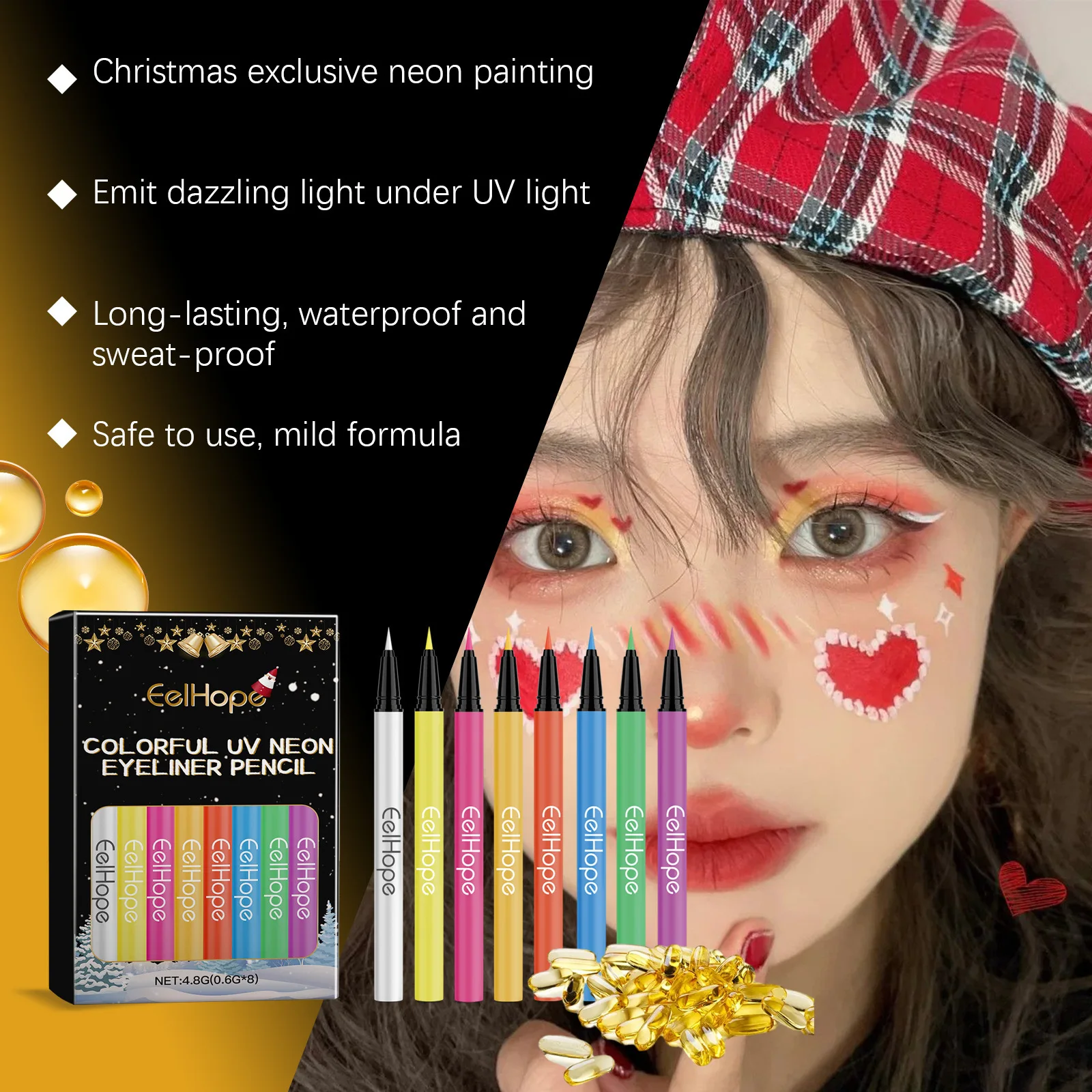 Halloween Neon UV Liquid Eyeliner 8-Color Face Waterproof Long-Lasting Matte Fluorescent Makeup Colorful Eyeliner Pen Cosmetics 5