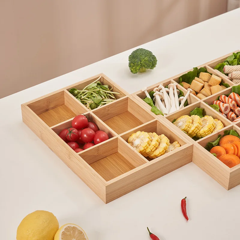 Rectangular 6-compartment food tray square 9 grid wood tableware snack plate sauce platter hot pot restaurant tray wooden serving tray,kitchen tray