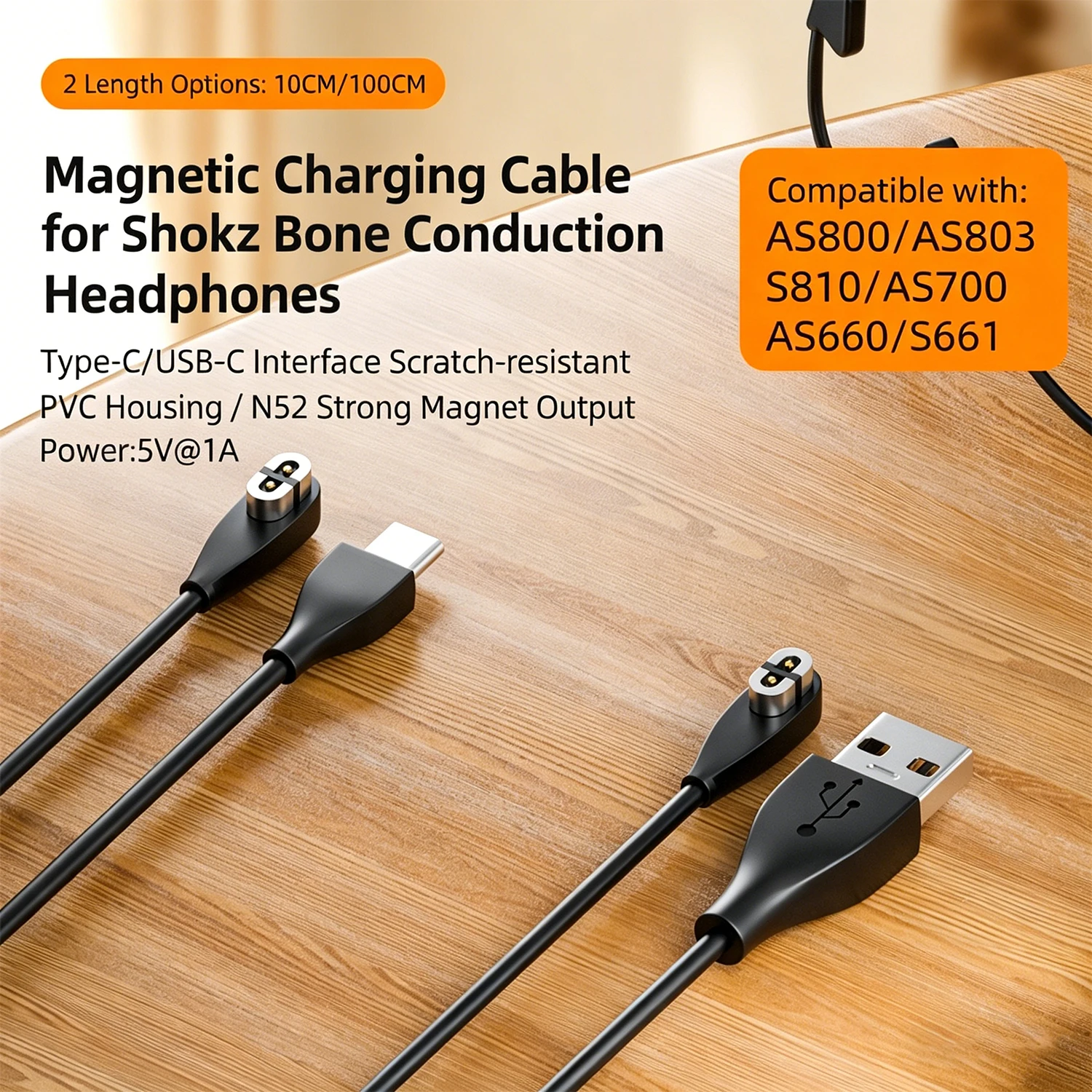 Shokz 골전도 헤드폰과 호환 가능 shokz AS800, OpenRun/Pro/Mini, OpenComm용 USB Type C 자기 충전 케이블