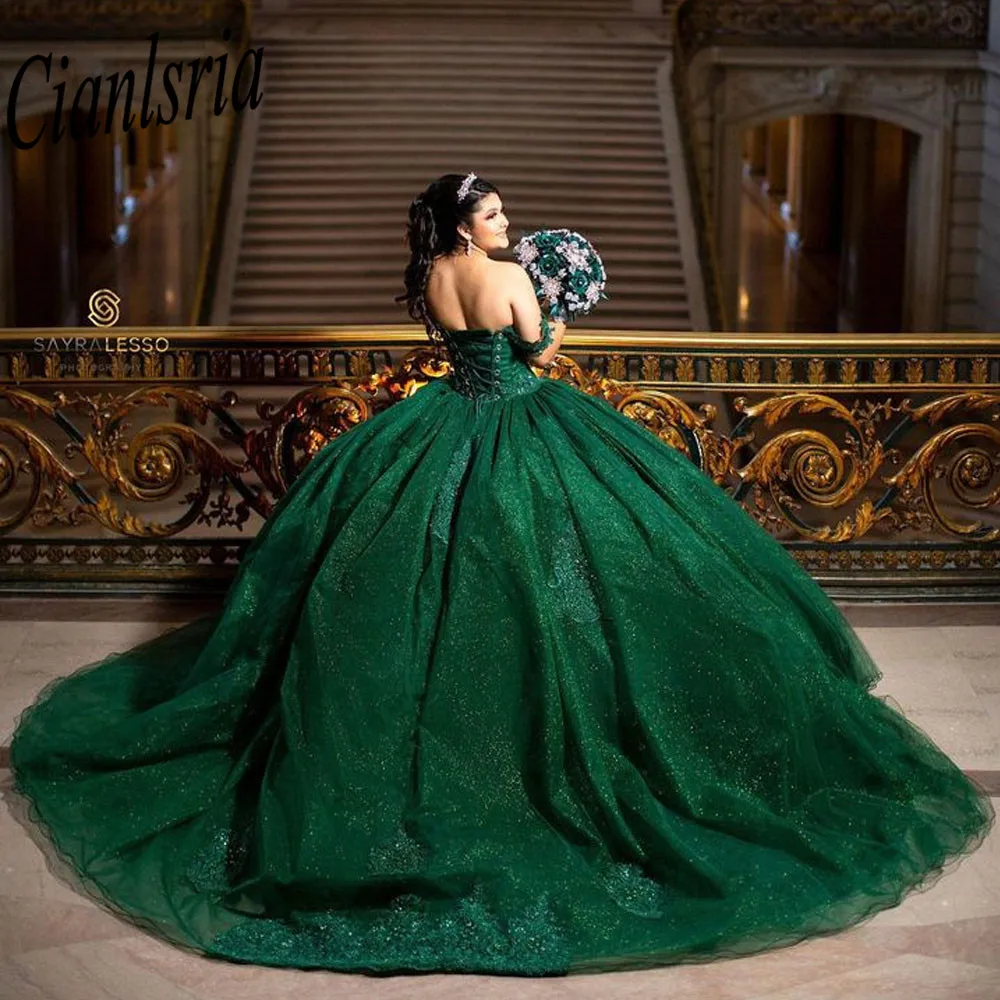 

Зеленые бальные платья Quinceanera с открытыми плечами платье 3D цветочное милое 16 Vestidos De Fiesta