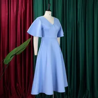 Elegant Dresses for Women V Neck Flare Sleeve High Waisted Pleated A Line Mid Calf Luxury Birthday Party Dinner Vestidos Mujer - Image 3