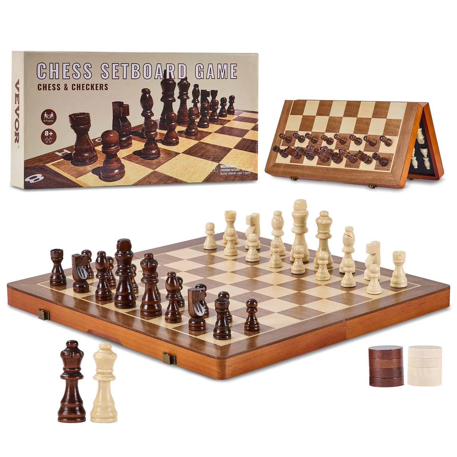 VEVOR 15inch Magnetic Wooden Chess Set 2-IN-1 Chess Checkers Game Set Folding Chess Board Games for Adults Kids 2 Queens Port 1