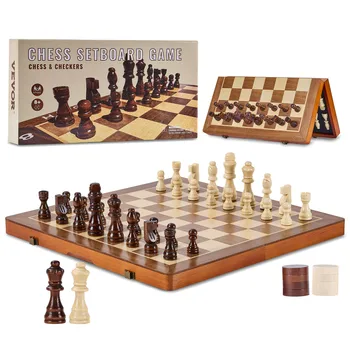VEVOR 15inch Magnetic Wooden Chess Set 2-IN-1 Chess Checkers Game Set Folding Chess Board Games for Adults Kids 2 Queens Port 1