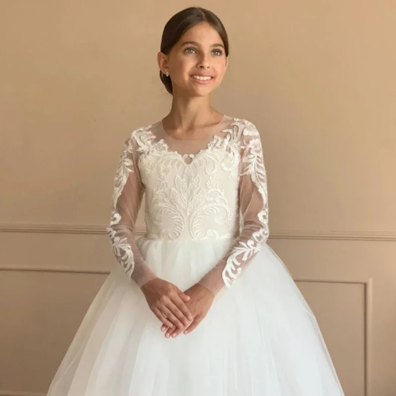 

Flower Girl Dresses White Tulle Puffy Appliques With Tailing Long Sleeve For Wedding Birthday Evening Holy Communion Gowns