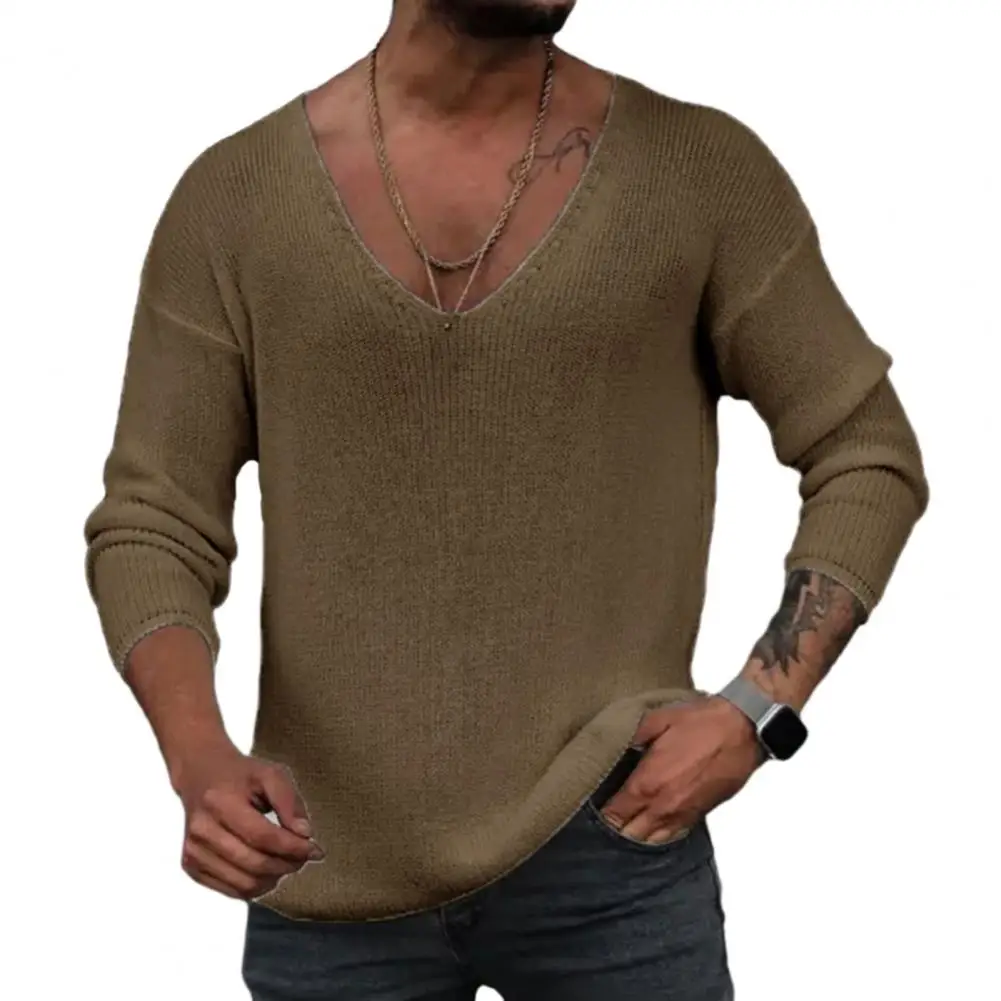 Maglione Uomo A Maniche Lunghe Con Scollo A V – Tinta Unita In Cotone E Poliestere, Adatto Per Autunno E Inverno