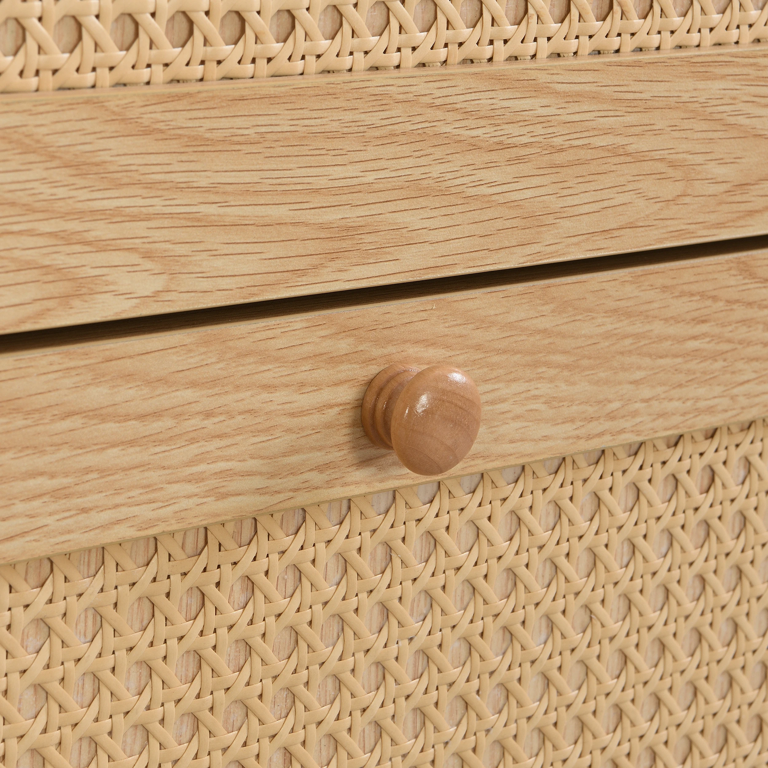Wooden Fabric Rattan Shoe Cabinet for Narrow Entrances 3 Tilt Doors and 1 Drawer with Solid Wood Legs and Handles – Detail 6