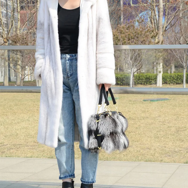 New Women's Large Handbag Leather Fox Fur Large Capacity Fashion Women's Skew Handbag Autumn/Winter Casual Fur Bag