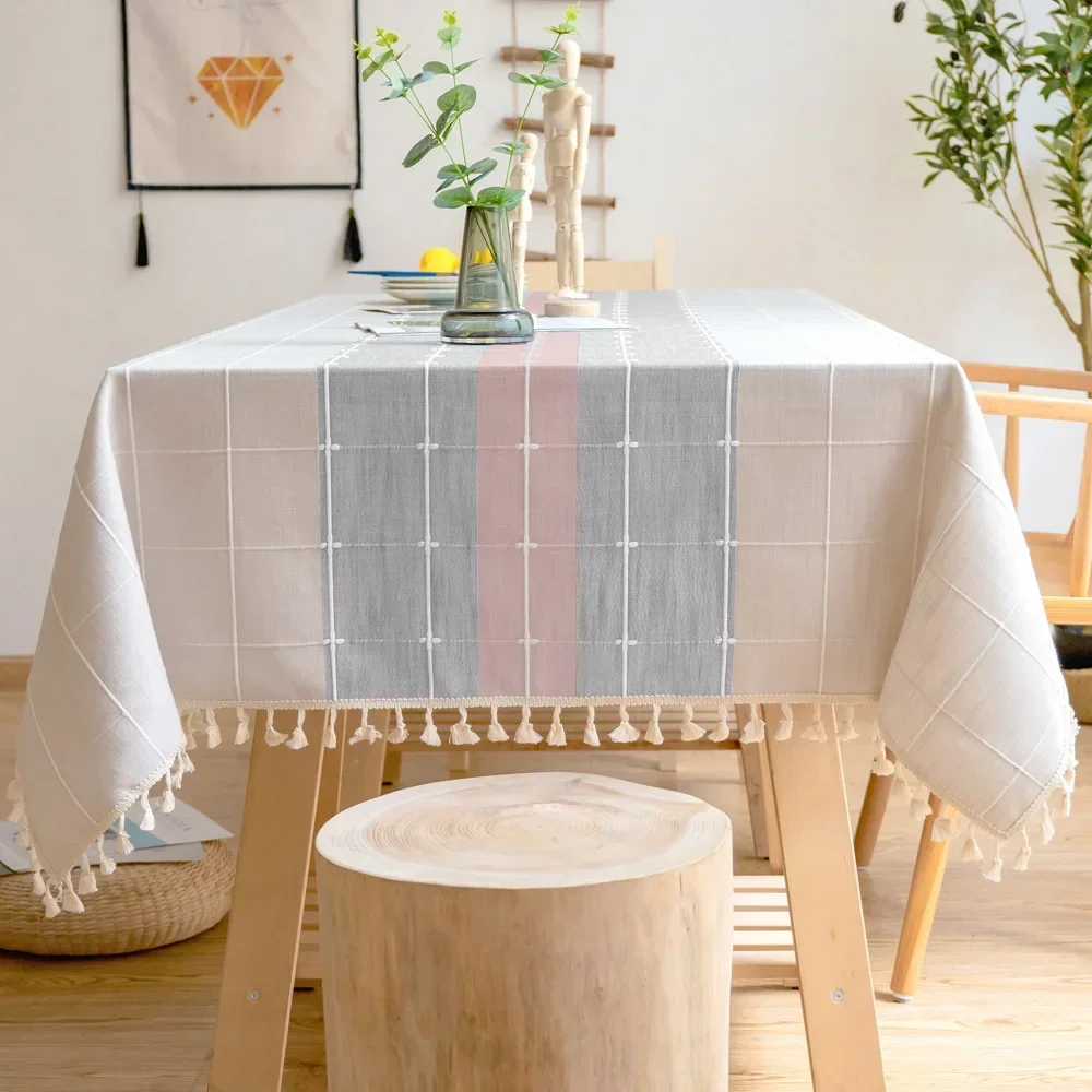 

Cotton Linen Tablecloths,Wrinkle Free Anti-Fading Jacquard Table Cloth,Tassels Rectangle Indoor Outdoor Dining Table Cover