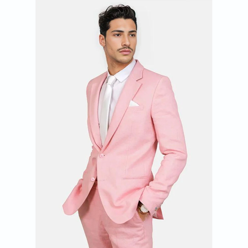 2024 Handsome Pink Wedding Groomsmen Men Suits Single Breasted Notch Lapel Flat Front Skinny 2 Piece Jacket Pants Blazer Homme