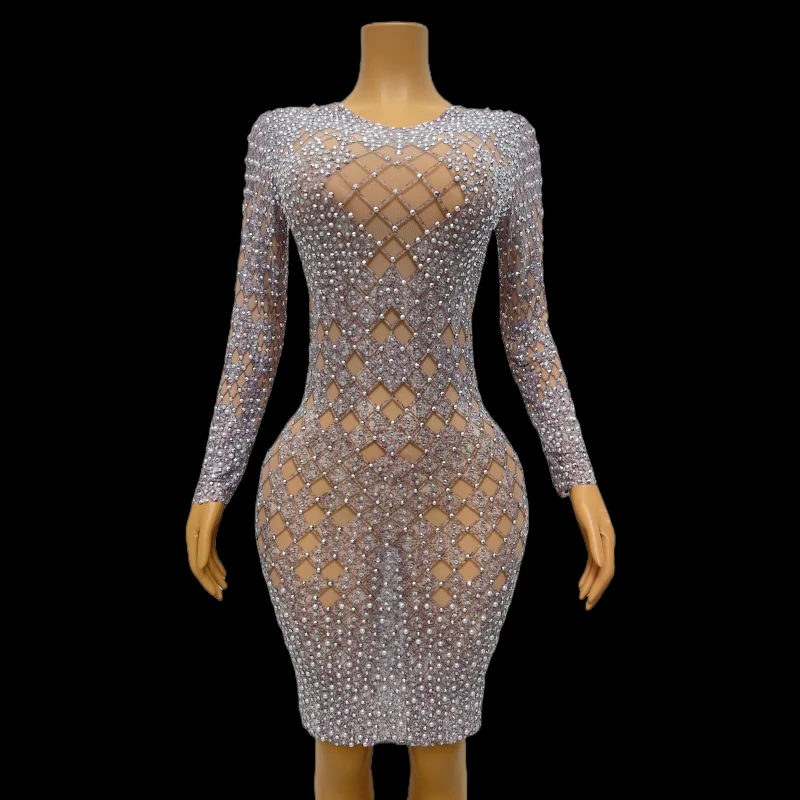 

Birthday Celebrate Outfit Prom Women Singer Stage Dress Silver Rhinestones Pearls Transparent Long Sleeves Dress
