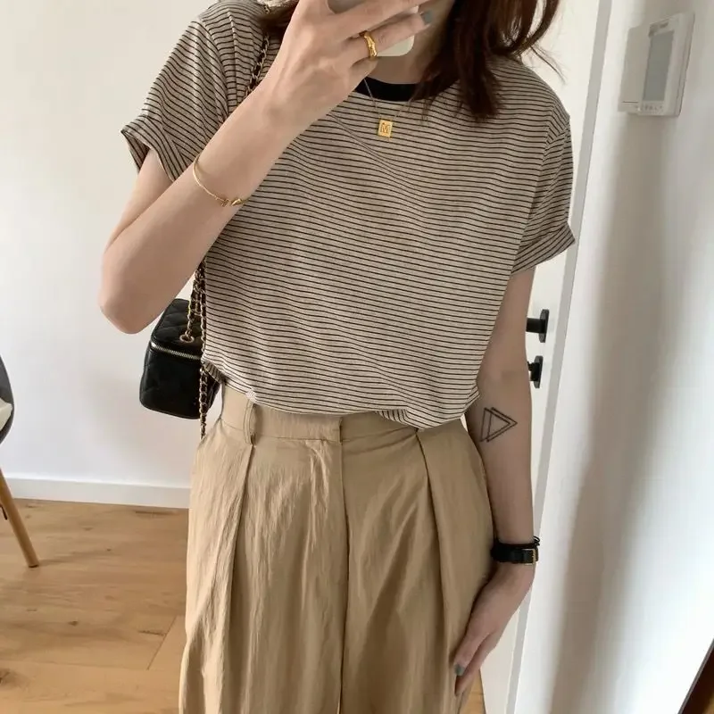 

Summer New Striped Contrast Loose T Shirt Tops Short Sleeve O-neck All-match Pullovers Casual Vintage Korean Women Clothing