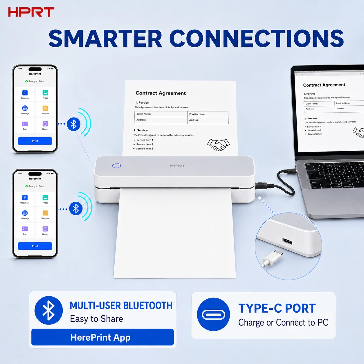 طابعة حرارية محمولة HPRT MT610، مقاس A4، بدقة 203 نقطة في البوصة، تدعم البلوتوث، ولا تحتاج إلى حبر، وتعمل لاسلكيًا، ومتوافقة مع أنظمة iOS وأندرويد وأجهزة الكمبيوتر، ومناسبة للاستخدام في السفر والمكاتب والمدارس.
