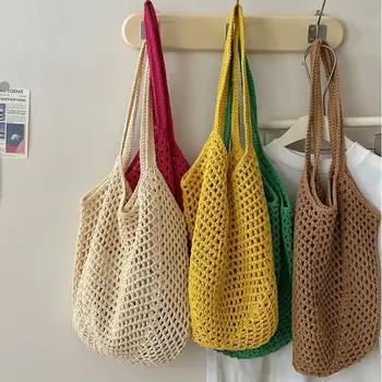 Borsa per caramelle da donna all'uncinetto Borsa per caramelle in tessuto di grande capacità lavorata a maglia alla moda Borsa per la spesa semplice in tinta unita per la spiaggia estiva 1