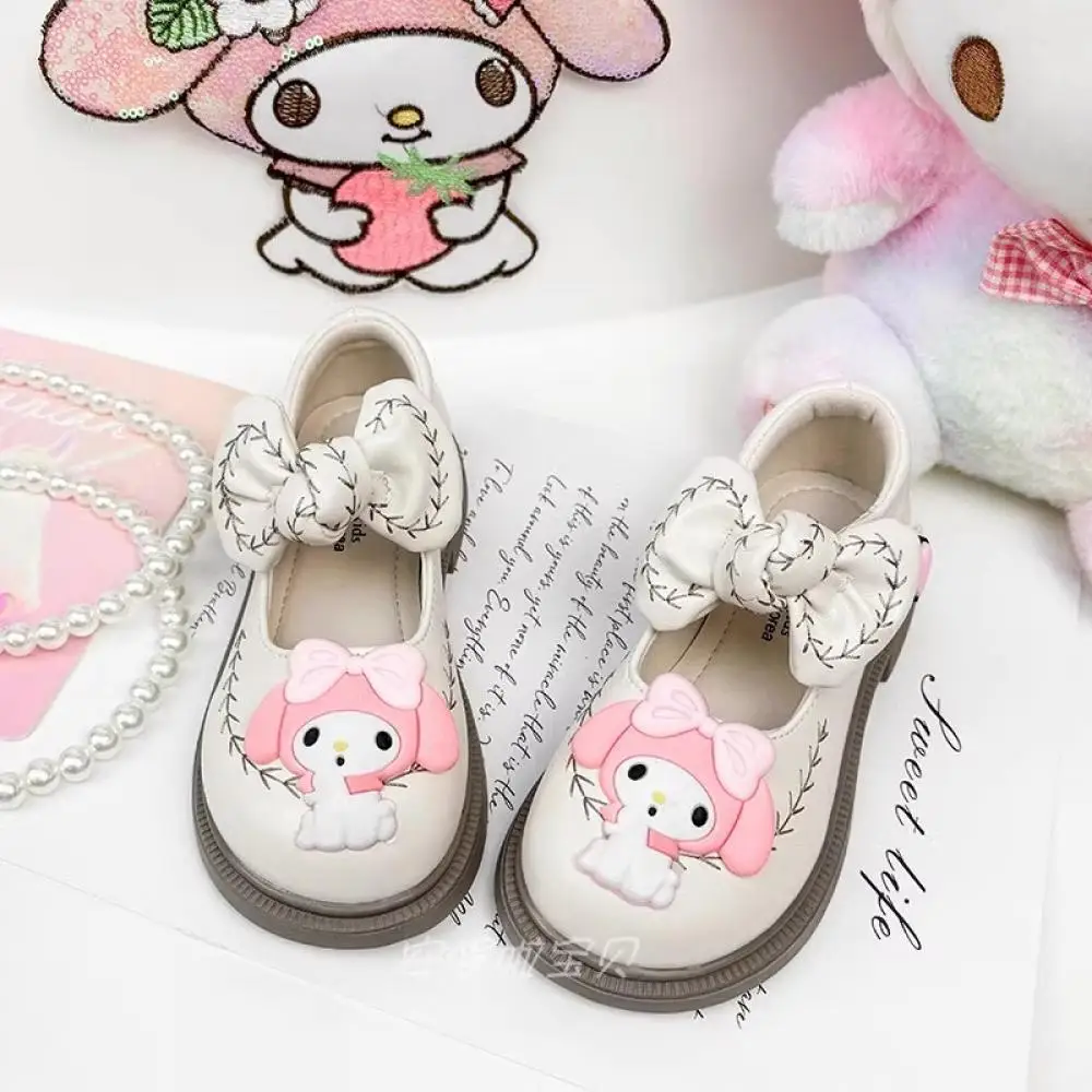 Kuromi My Melody Girls Leather Shoes Sanrio Bow Tie Kawaii Kids Cartoon Soft Bottom Sweet Board Shoes Fashion New Children Shoes 3