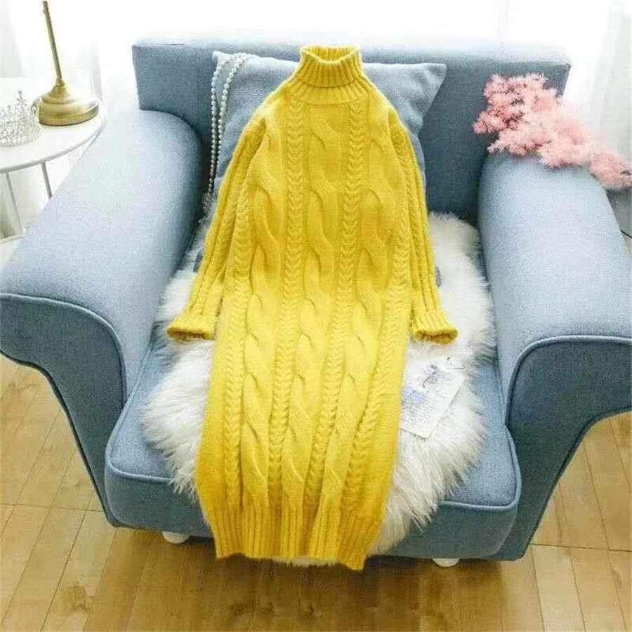 

New Winter Turtleneck Twist Knitting Dresses Women Warm Candy Color Rib Knited Pullover Dress Elegant Chic Solid Sweater Dresses