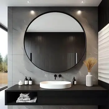 27'' Round Wall Mounted Mirror, Wall Decor Mirrors, Bathroom Bedroom Living Room Glass Vanity Mirror, Black/Golden 3