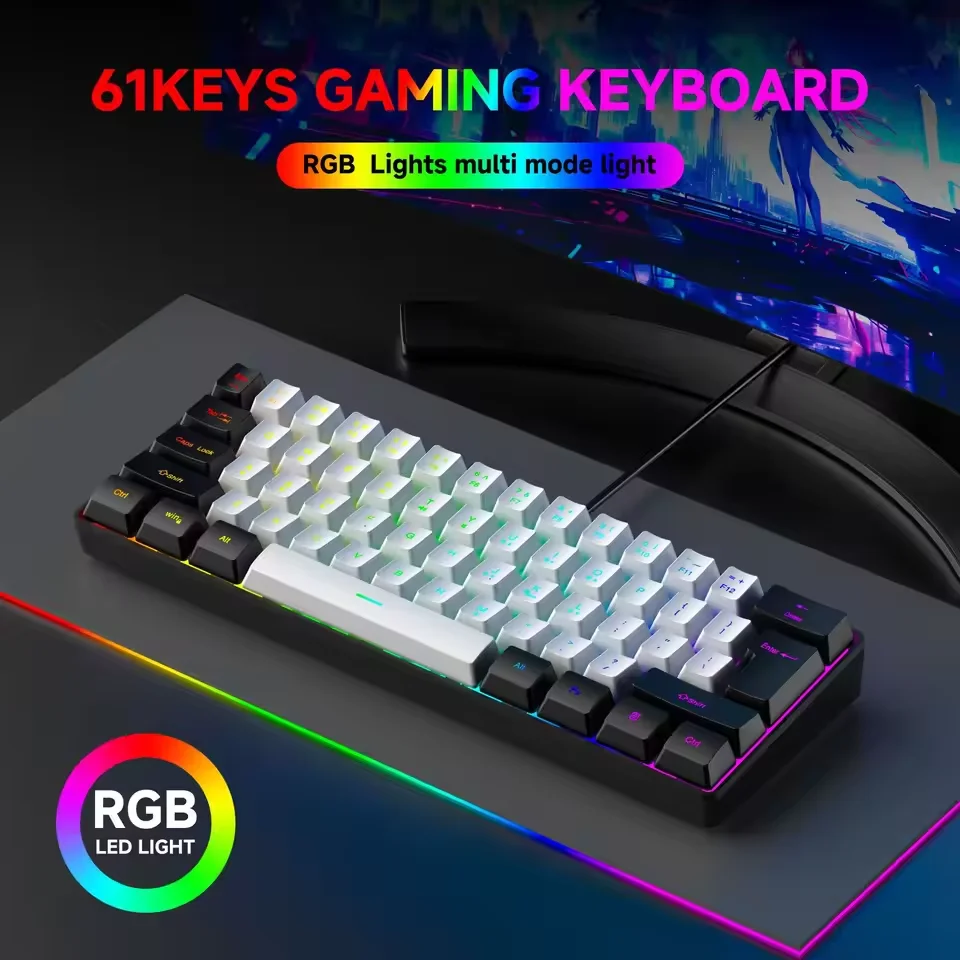 2026 새로운 휴대용 유선 미니 기계식 키보드 K61 미니 키보드 유선 61 키 팬텀 RGB, 블랙 화이트 레드 레드/블루 스위치 신제품