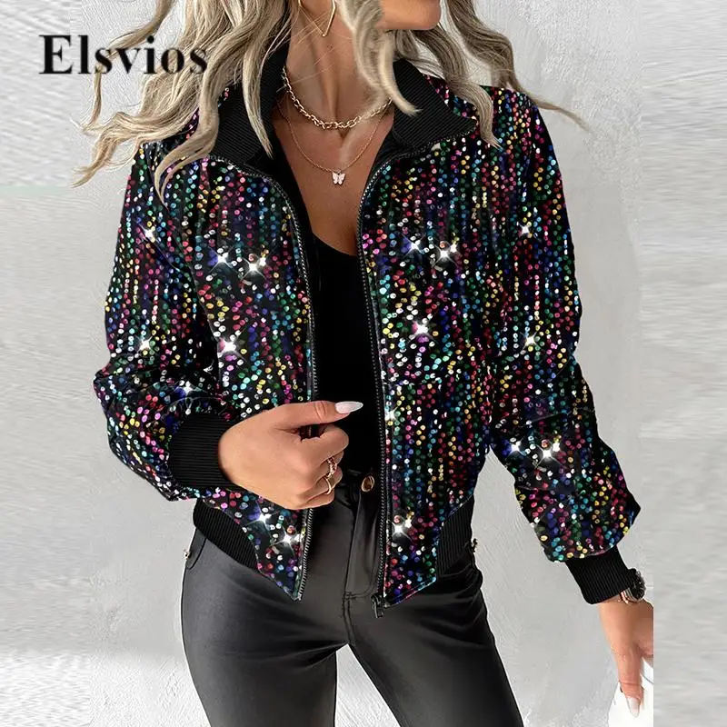 

Female Colorful Sequins Long Sleeve Outwear Women Fall Winter Casual Loose Baseball Coat Elegant Fashion Zip-up Cardigan Jackets