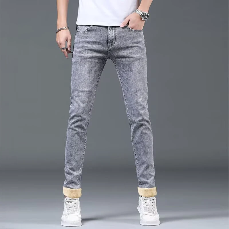 Men Fashion Versatile Gray Street Denim Pants Male Winter Thermal Hot Sale Jeans Youth Popular Narrow Leg Warm Plush Trousers 2