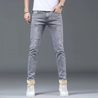 Men Fashion Versatile Gray Street Denim Pants Male Winter Thermal Hot Sale Jeans Youth Popular Narrow Leg Warm Plush Trousers 2