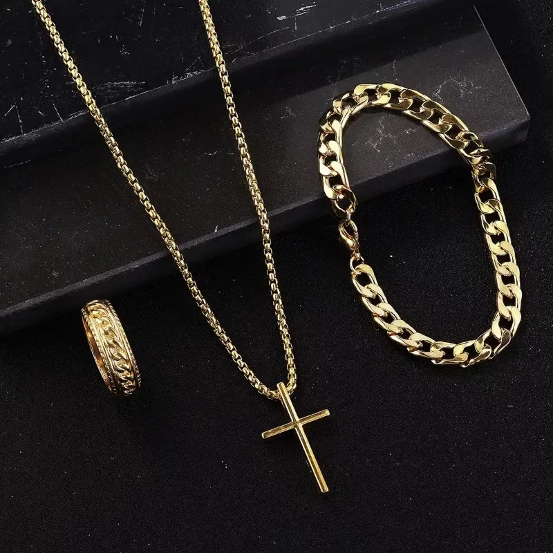 Punk Cross Pendant Necklace Bracelet Chain Ring Men's Jewelry Set jewelry sets jewelry set Simple Personality Hip Hop Party Three Piece Jewelry Accessories