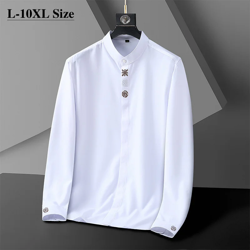 

Oversize 6XL 8XL 10XL Spring Men Casual White Long Sleeve Business Fashion Embroidery Stand Collar Solid Black Shirt Male