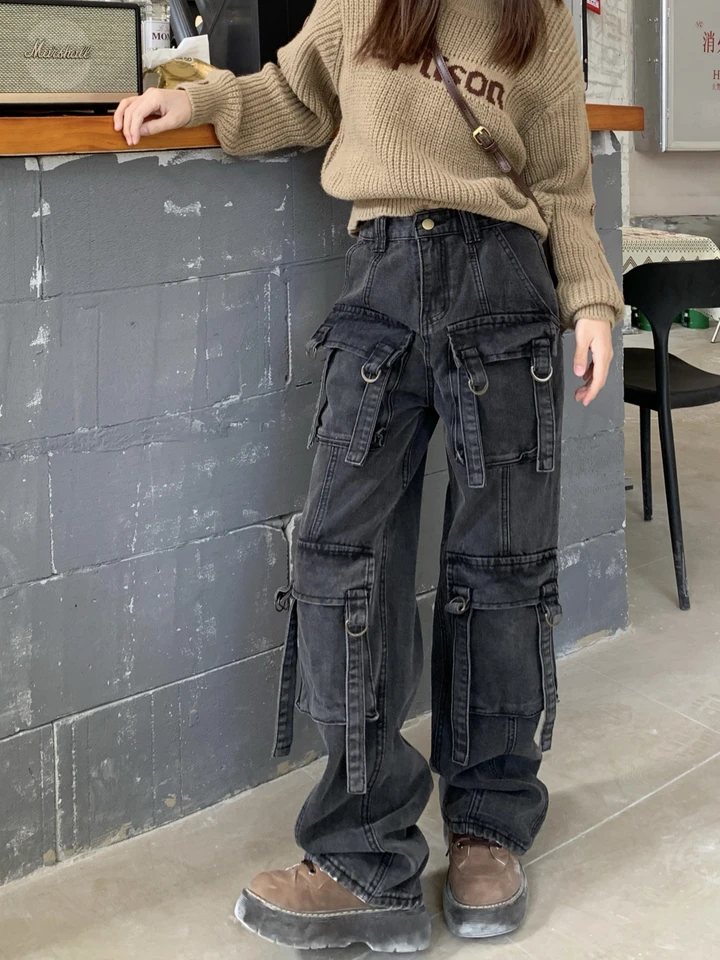 パンツ 2000's archive black buggy cargo denim Women's Black Gothic Baggy Cargo Jeans with Star Harajuku