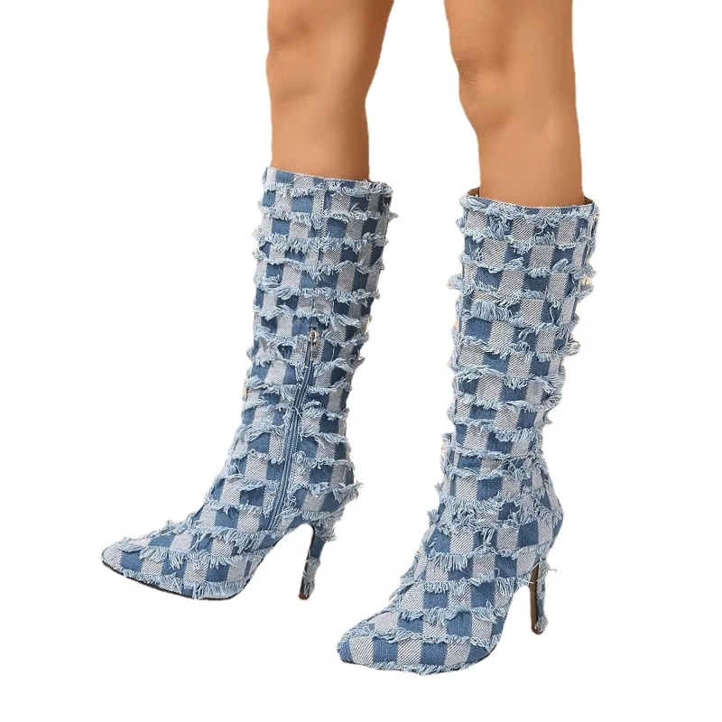 2023 Women's Shoes Knee-High Women's Boots Sexy Modern Boots Women Patchwork Raw Edge Zip Pointed Toe Thin High Heel Shoes Women