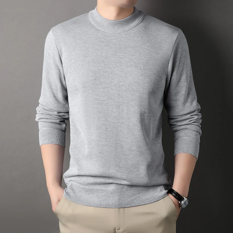 Mens Round Neck Sweater Fleeced Knitwear Solid Color Velvet Jumpers Slim Fit Elegant Luxury Brand Brown Knitted Sweaters 4