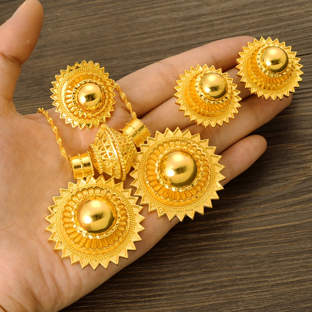 Ethiopian Geometry Round Big Pendant Earrings Jewelry Sets 24K Gold Color African Wedding Bridal Women Habesha Party Gifts - Image 5