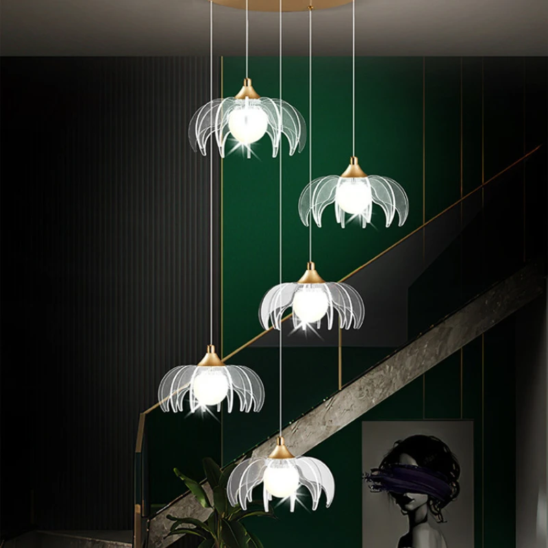 

New Flower Shaped Staircase LED Chandelier Modern Restaurant Chandelier Lighting Nordic Living Room Bedroom Art Decorative CD