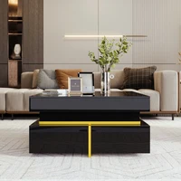​ ​ Table basse noire brillante – Tiroirs de rangement et plateau miroir avec garniture dorée, table d'appoint moderne pour le salon ​ ​ 3