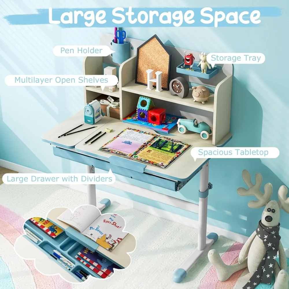 Kids Study Desk,Height Adjustable Children School Desk with Storage, Tilt Desktop, Pen Holder & Scale Ruler, Student Desk Table 6