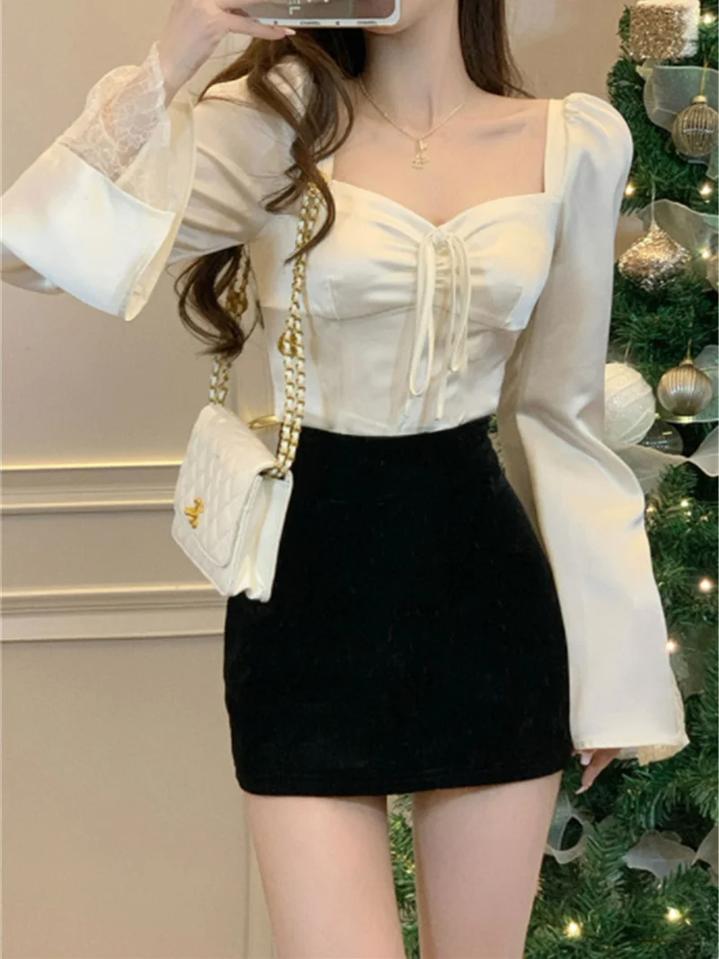 Blouses Women Lace Flare Sleeve Elegant Females Sexy Lovely