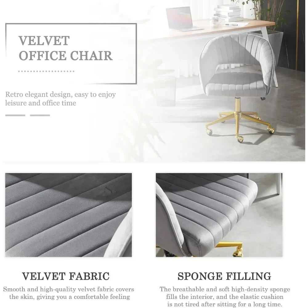 "wheeled grey velvet vanity chair with back support, suitable for home office, living and bedroom settings"
