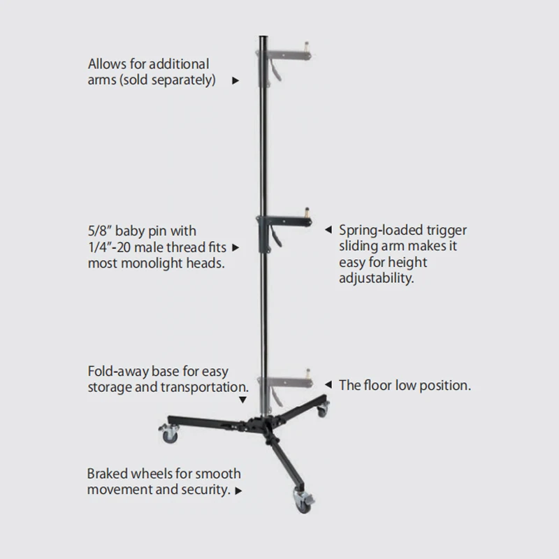 KUPO 390M Steel Column Roller Stand US-KS301912, Spring-loaded Sliding Arm US-KG015711